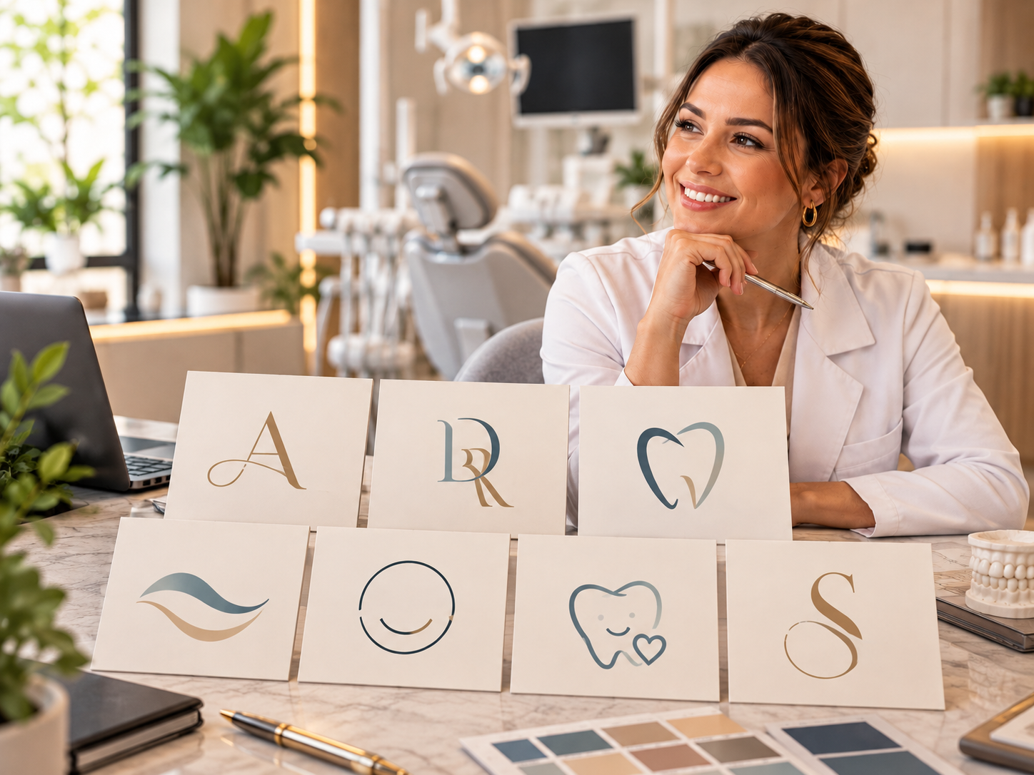 Dentista e designer comparando propostas de logotipo para o consultório odontológico